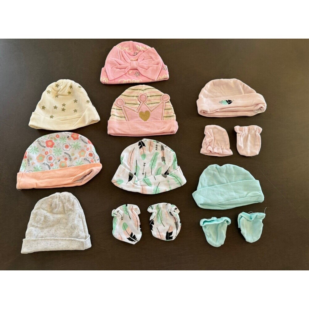 Baby Girl Bundle Lot beanies gloves fall winter set NB to 6M new & used Gerber